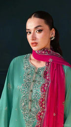 Teal & Fuchsia Bloom - Embroidered Chiffon Suit | Ready To Wear