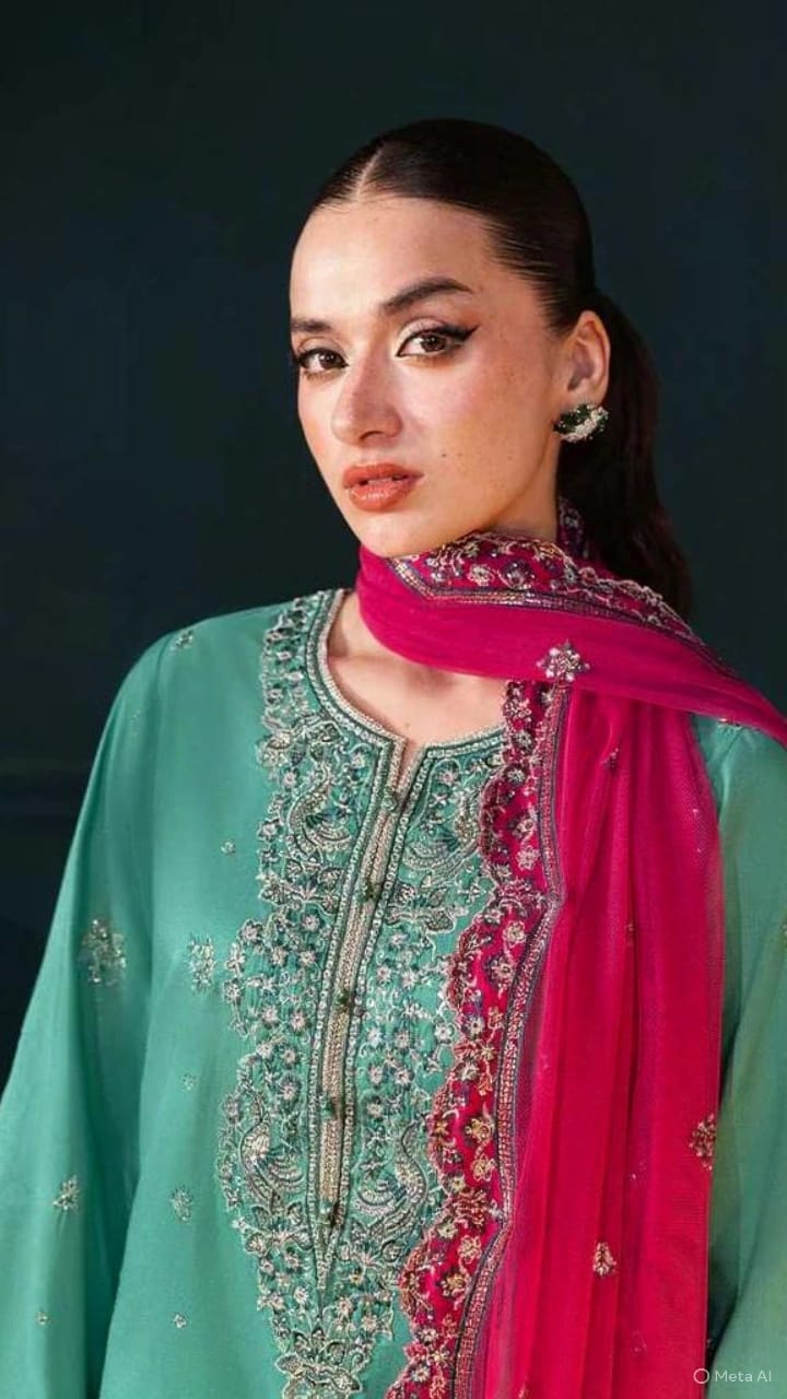 Teal & Fuchsia Bloom - Embroidered Chiffon Suit | Ready To Wear