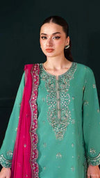 Teal & Fuchsia Bloom - Embroidered Chiffon Suit | Ready To Wear