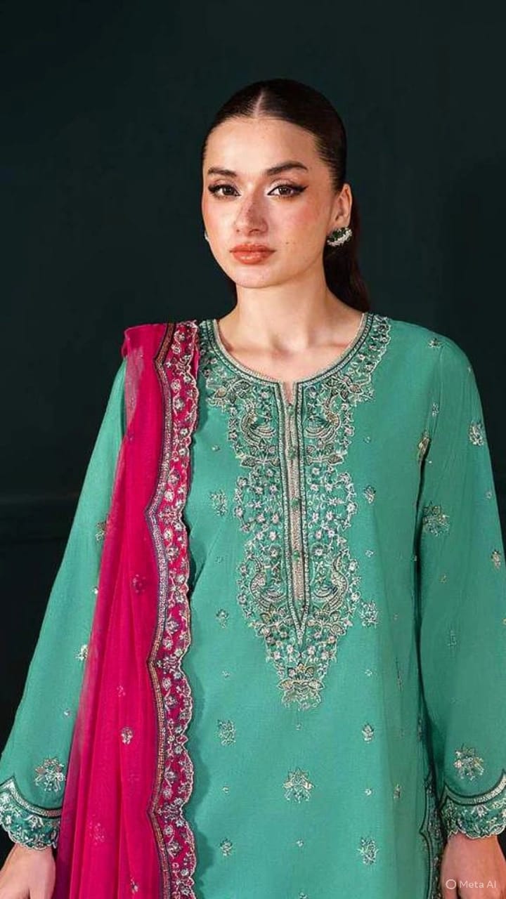 Teal & Fuchsia Bloom - Embroidered Chiffon Suit | Ready To Wear