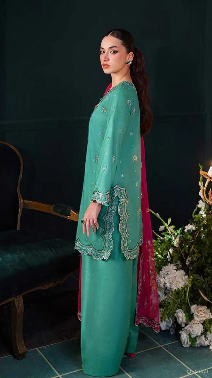 Teal & Fuchsia Bloom - Embroidered Chiffon Suit | Ready To Wear