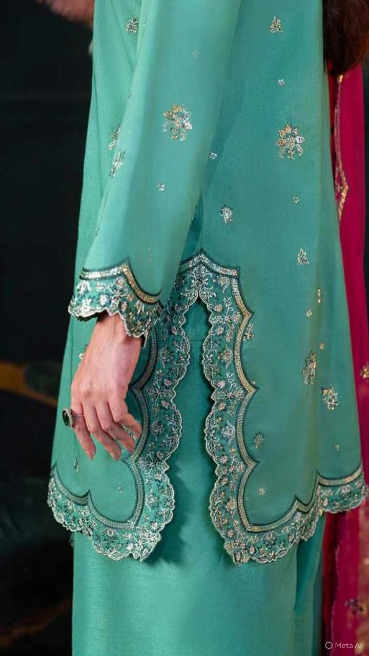 Teal & Fuchsia Bloom - Embroidered Chiffon Suit | Ready To Wear