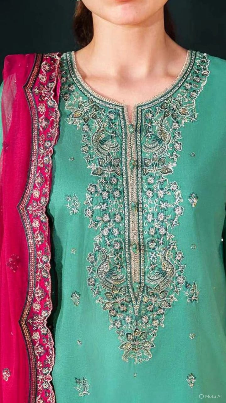 Teal & Fuchsia Bloom - Embroidered Chiffon Suit | Ready To Wear