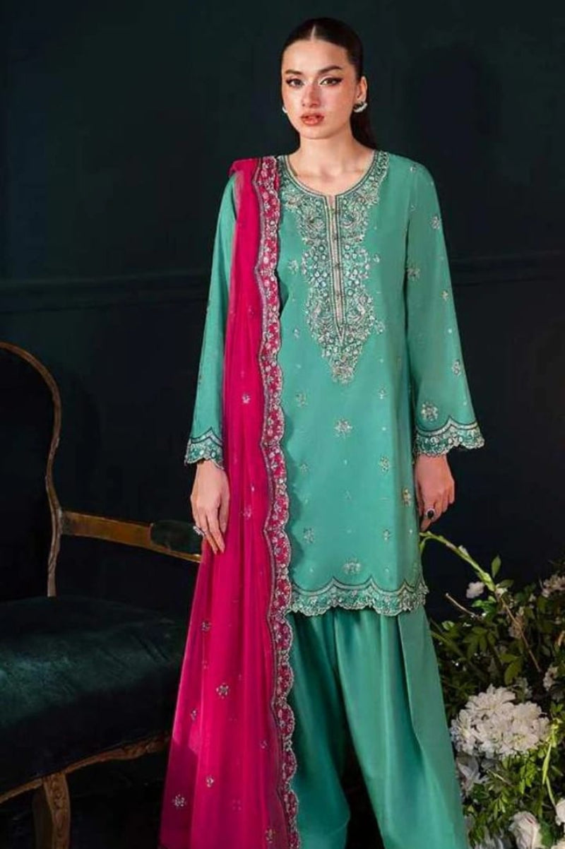 Teal & Fuchsia Bloom - Embroidered Chiffon Suit | Ready To Wear
