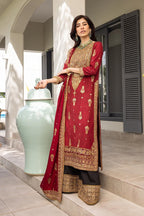 Crimson Zari Elegance - 3 Piece Embroidered Festive Suit | Ready To Wear