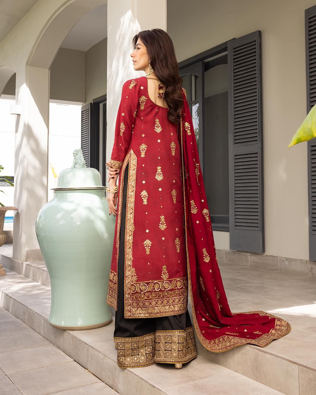 Crimson Zari Elegance - 3 Piece Embroidered Festive Suit | Ready To Wear