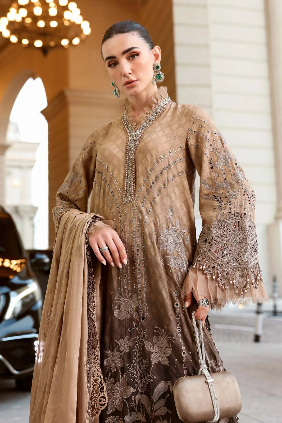 Ombre Mocha Elegance - 3 Piece Embroidered Cotton Suit | Ready To Wear