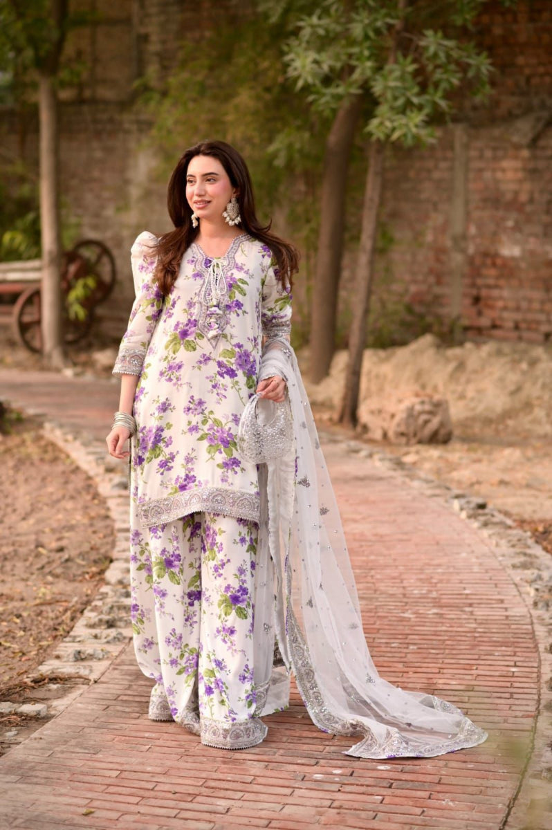 Ivory & Violet Floral - 3 Piece Embroidered Lawn Suit | Ready To Wear