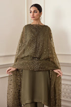 Olive Gold Elegance - 3 Piece Sequin Embroidered Suit | Ready To Wear