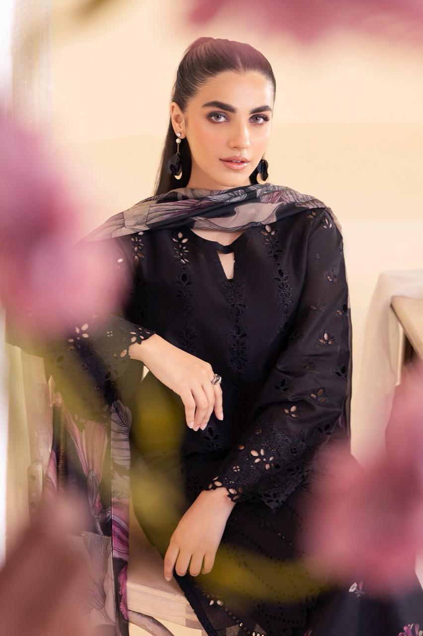 Black Schiffli - 3 Piece Embroidered Lawn Suit | Ready To Wear
