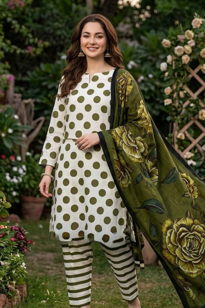 Retro Polka - 3 Piece Printed Lawn Suit | Ready To Wear