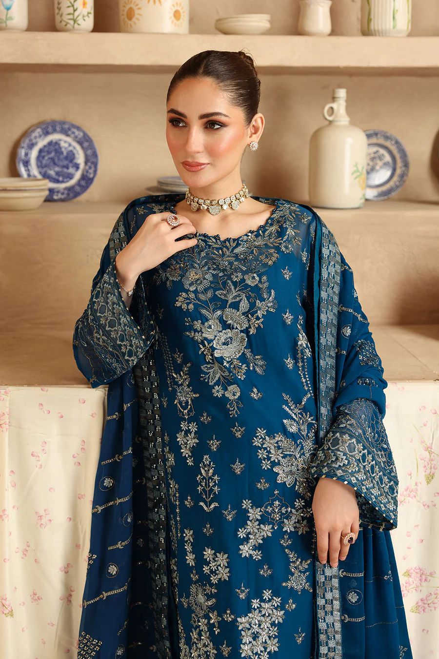Teal Dusk - Embroidered Chiffon Suit With Organza Dupatta | Ready To Wear