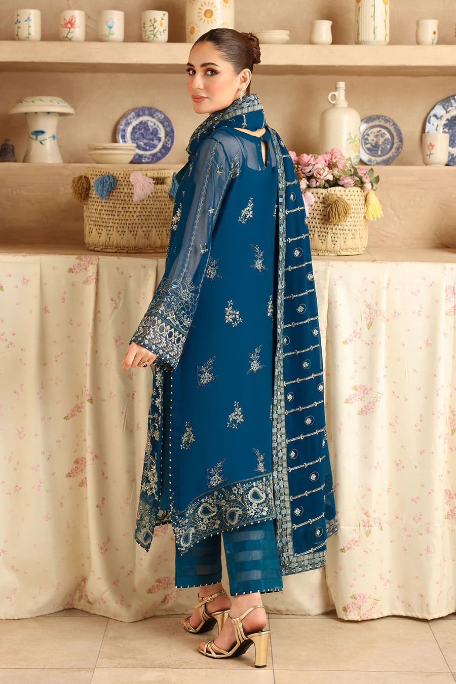 Teal Dusk - Embroidered Chiffon Suit With Organza Dupatta | Ready To Wear
