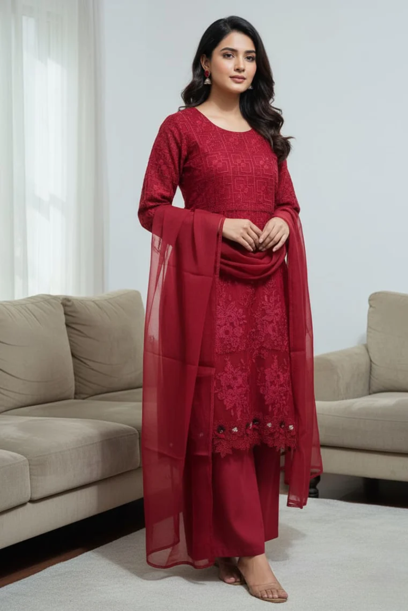 3 Piece Stitched Chikankari Dress - Ready To Wear