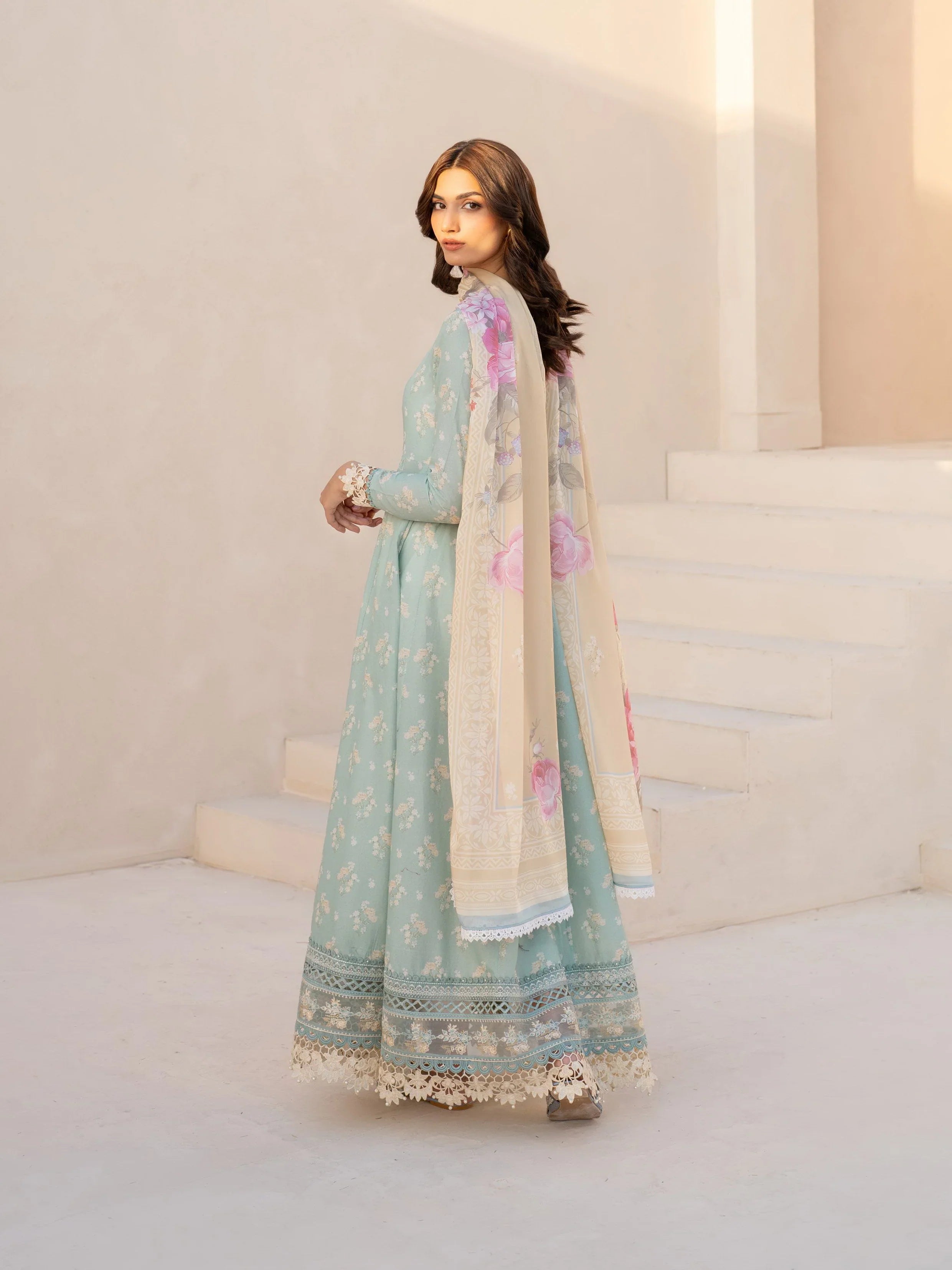 Pastel Aqua Floral Anarkali - Embroidered Lawn Suit | Ready To Wear