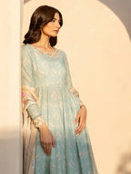 Pastel Aqua Floral Anarkali - Embroidered Lawn Suit | Ready To Wear
