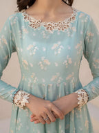 Pastel Aqua Floral Anarkali - Embroidered Lawn Suit | Ready To Wear
