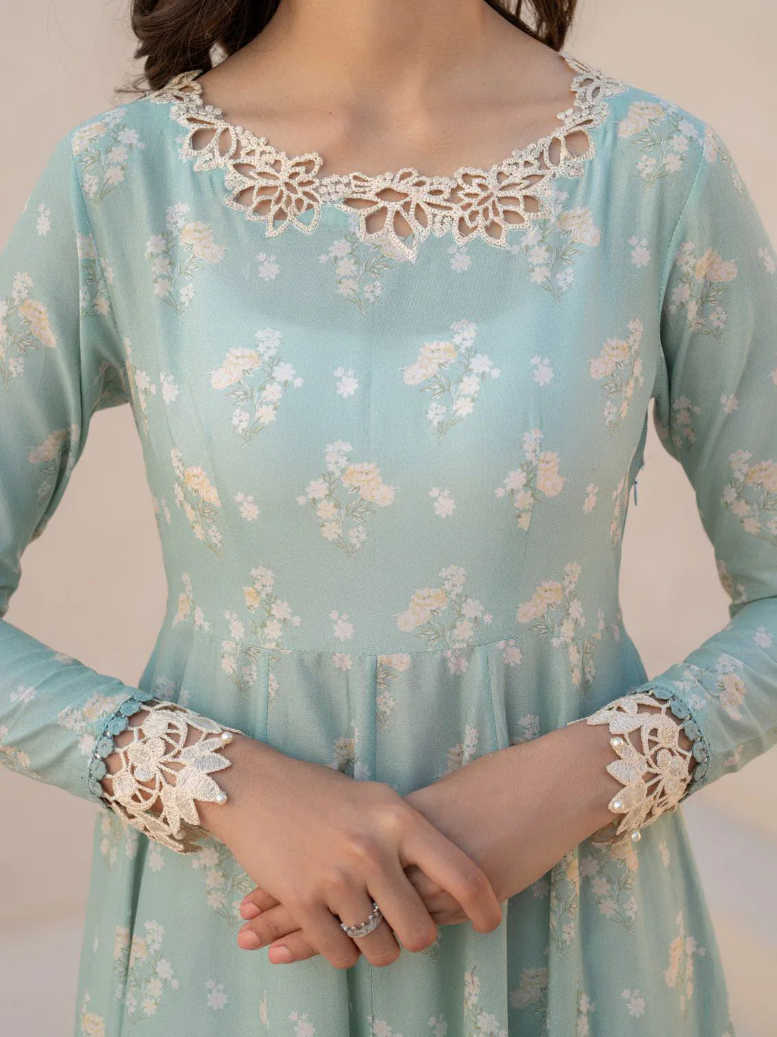 Pastel Aqua Floral Anarkali - Embroidered Lawn Suit | Ready To Wear