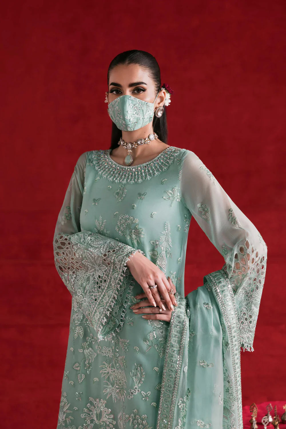 Sage Green - Embroidered Chiffon Suit | Ready To Wear