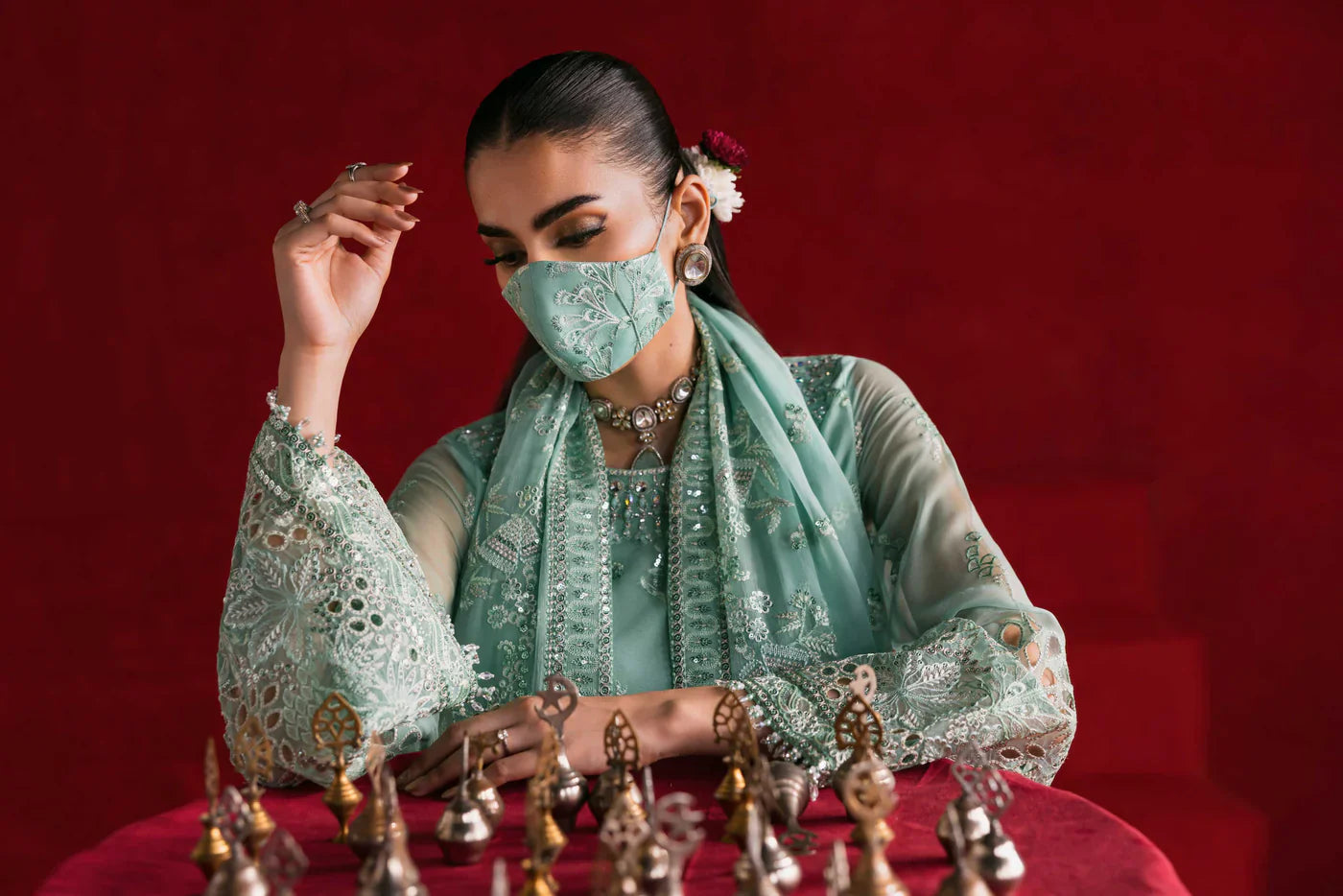 Sage Green - Embroidered Chiffon Suit | Ready To Wear